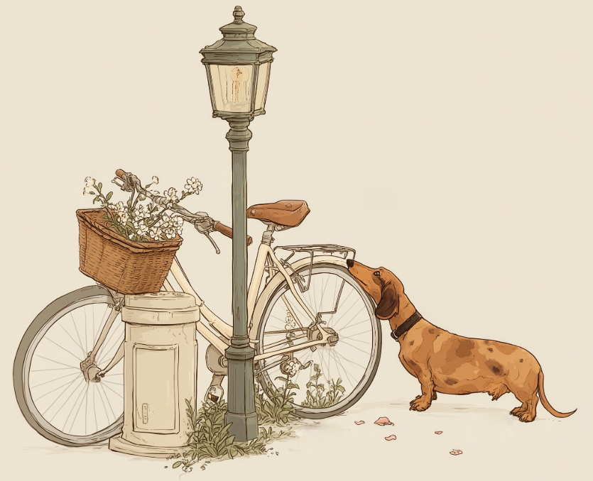 A curious dachshund sniffing a vintage-style bicycle with a flower-filled basket, parked against a lamppost