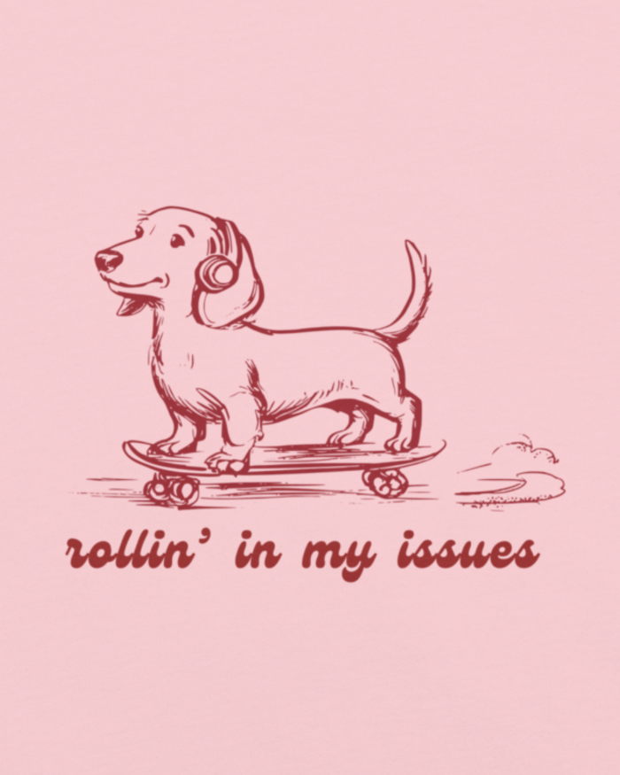 Comfort Colors tee blossom with red sketch of skateboarding dachshund wearing headphones