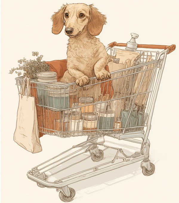 A dachshund sitting in a shopping cart filled with groceries, plants, and a reusable tote bag, illustrating a dog owner lifestyle