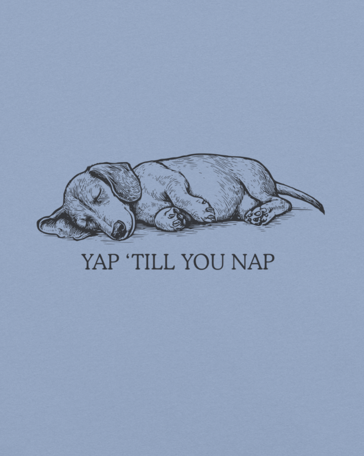 Detail of a shirt with a sleeping dachshund sketch and quote on blue shirt