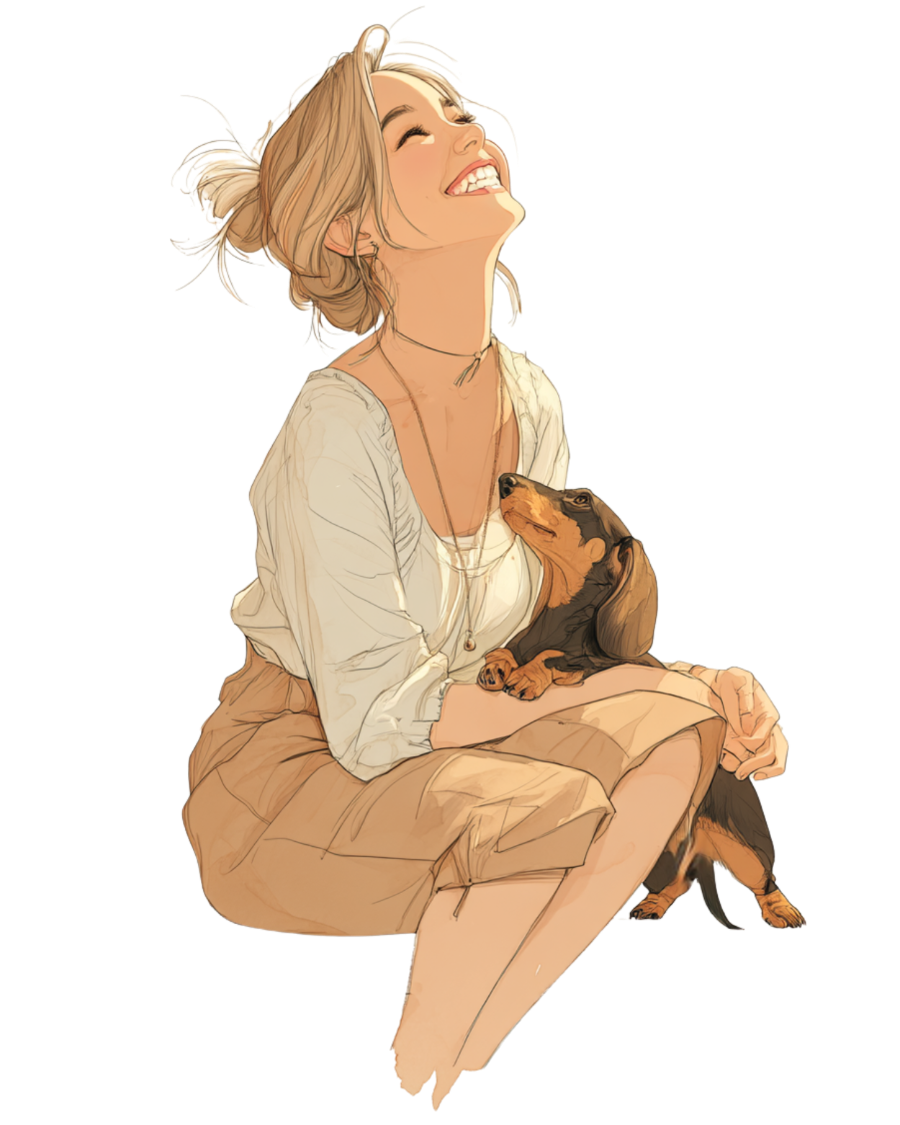 Illustration of a smiling woman sitting with a dachshund on her lap, looking up with affection. Warm, playful moment showcasing the bond with her dog
