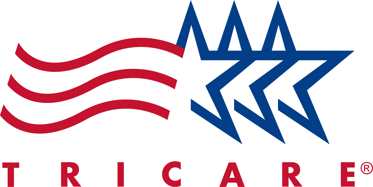Logo with three blue stars, three red wavy lines, and the word TRICARE below.