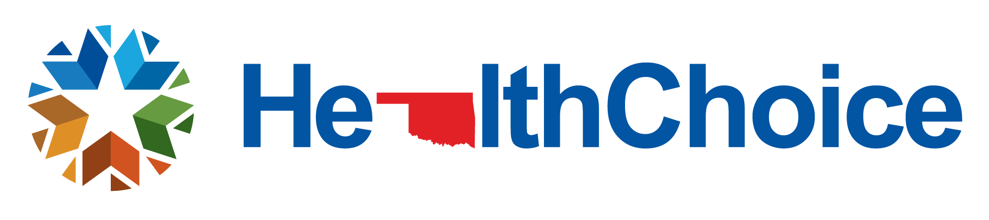 HealthChoice logo with colorful geometric circle and text 'HealthChoice' with a red state shape replacing the 'A' in 'Health'