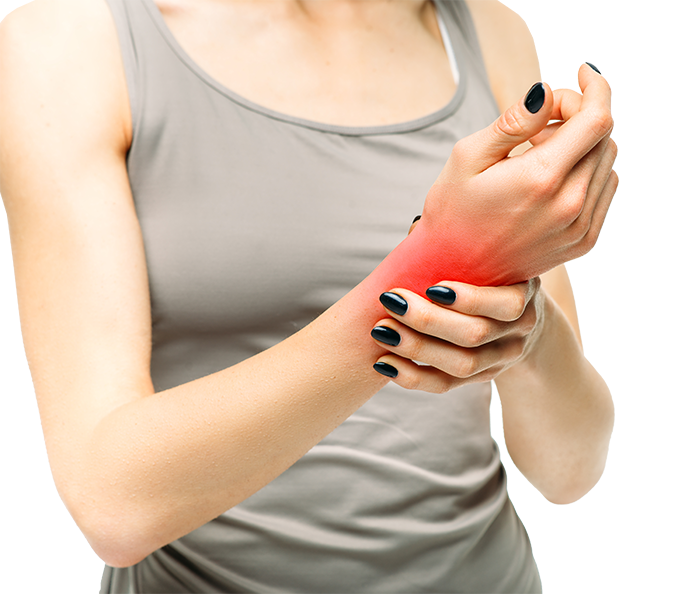 A person with painted black nails is holding their wrist, which is red and inflamed, indicating pain or injury.