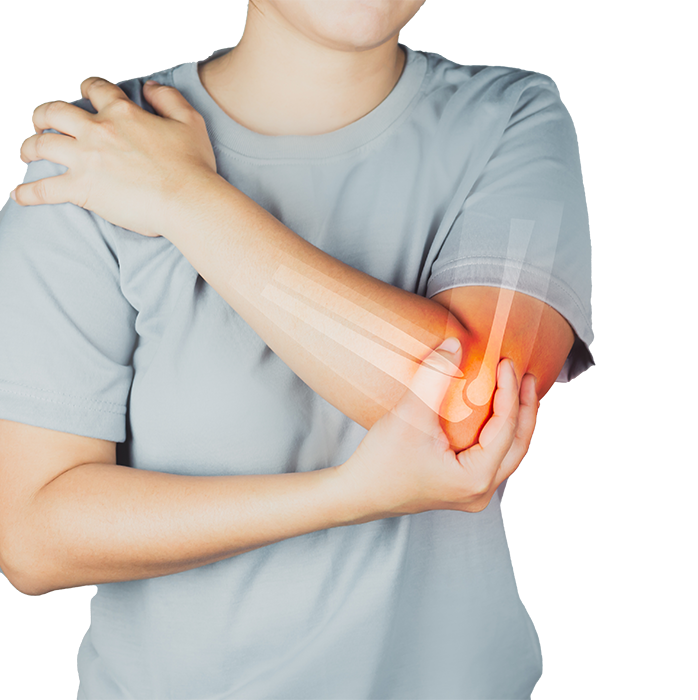 Person wearing a light gray shirt holding their elbow with a highlighted area indicating pain or injury.