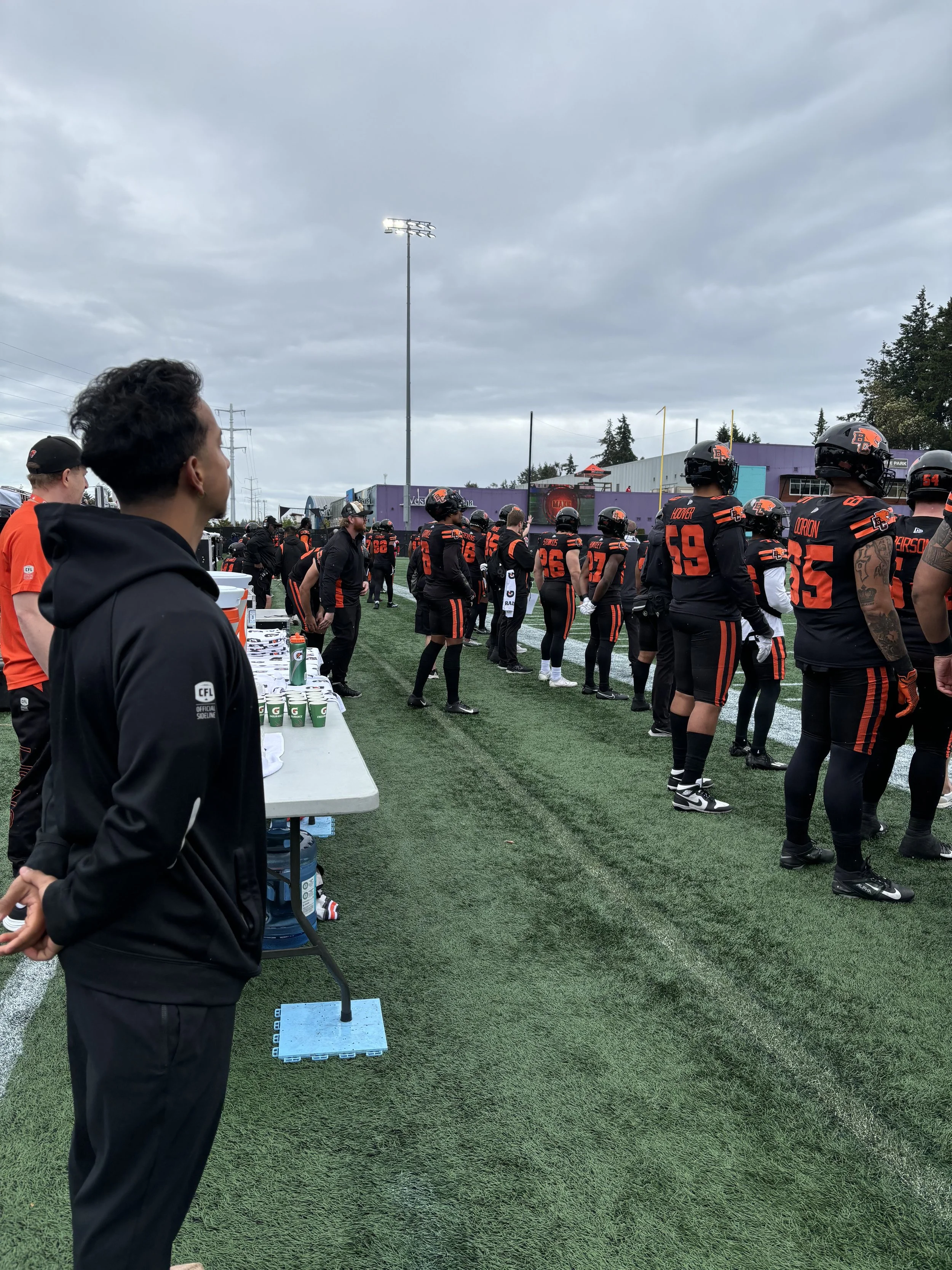 Performance staff analyzing movements of The BC Lions football players during game.