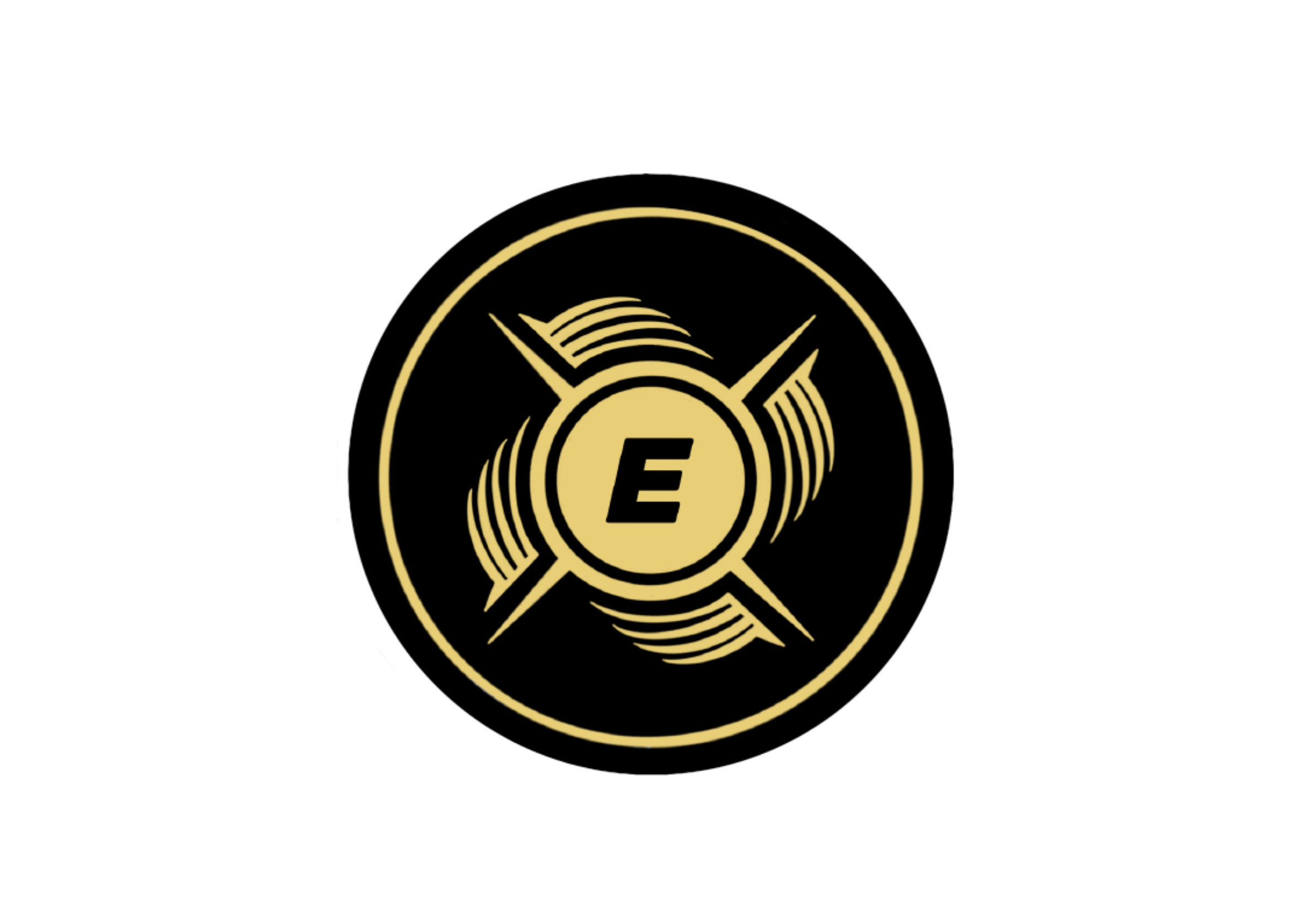 A circular emblem with a black background and gold border. The center features a gold circle with a black letter 'E', surrounded by a pattern of gold and black lines that resemble stylized wings or blades.