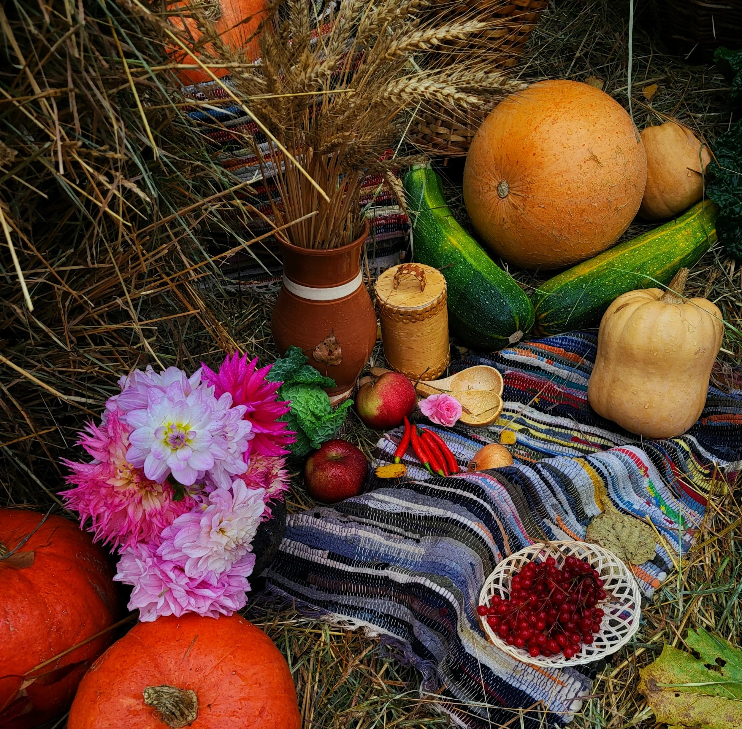 fall harvest spread with vegetables and fruits