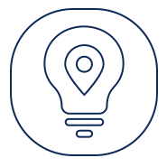 Outline of a lightbulb with a location pin inside it, on a dark background.