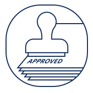 Stamp with a silhouette of a person's head, the word 'APPROVED', and a circular border
