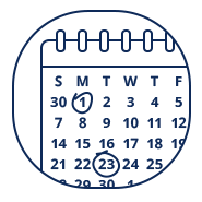 A digital calendar icon with the number 1 circled, representing the date, on a dark background.