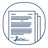 A digital icon of a document with multiple pages and a signature at the bottom, all inside a circle.
