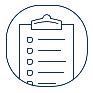 Icon of a clipboard with a checklist, outlined in blue.