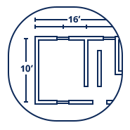 A blueprint or technical drawing of a circular object with dimensions marked as 16 feet in diameter and 10 feet in height.
