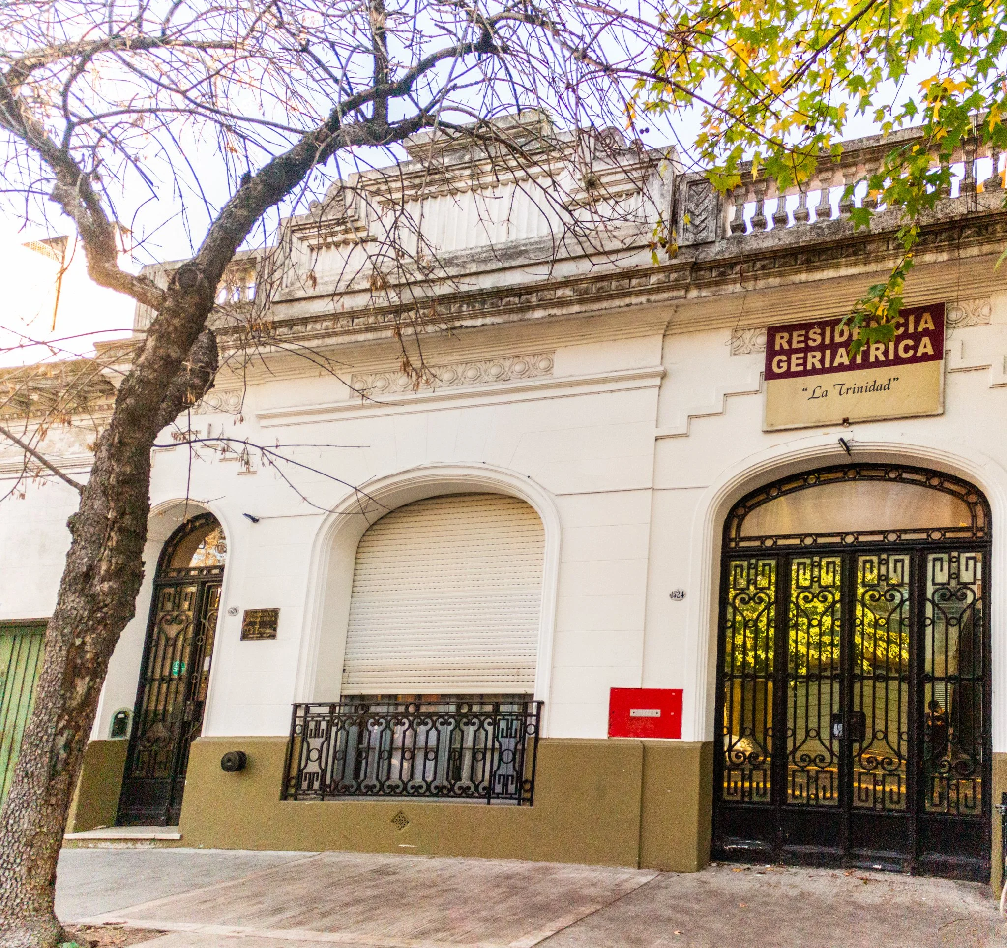 Edificio con fachada blanca, balcones con rejas negras, y un árbol con ramas y hojas en el primer plano, en un entorno urbano.