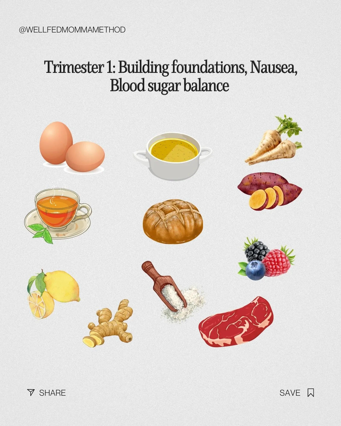 When everything sounds gross, go back to the basics: protein + hydration + minerals.

In the first trimester, your body is doubling blood volume and forming organs no wonder your energy (and appetite) tanks. Focus on what stays down, not perfection.
