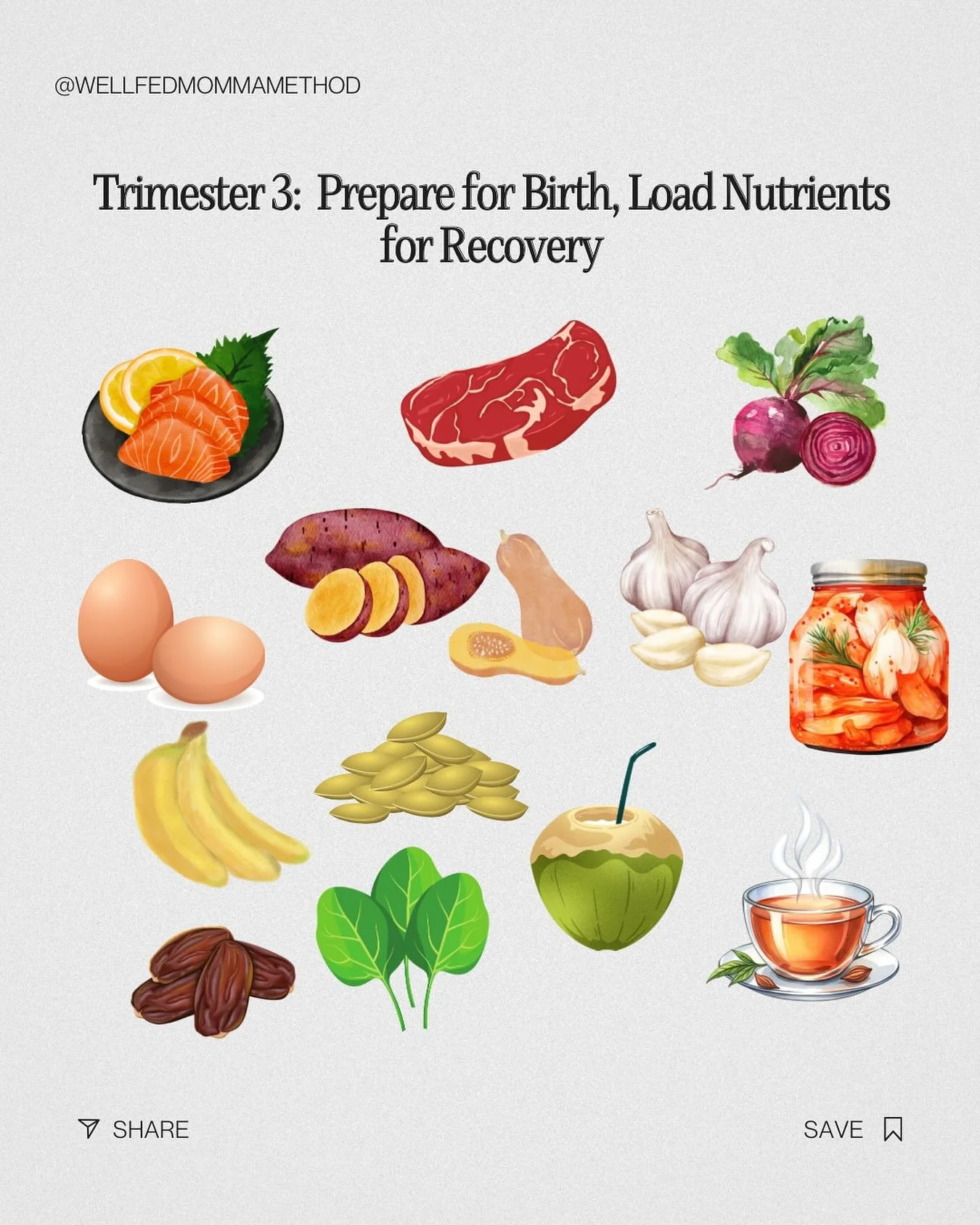 Your body is in &ldquo;build + prepare&rdquo; mode baby&rsquo;s growing fast, and you&rsquo;re stocking up nutrients for birth and postpartum.

Every meal is a deposit into your energy and recovery bank. Focus on iron-rich foods, quality fats, and mi