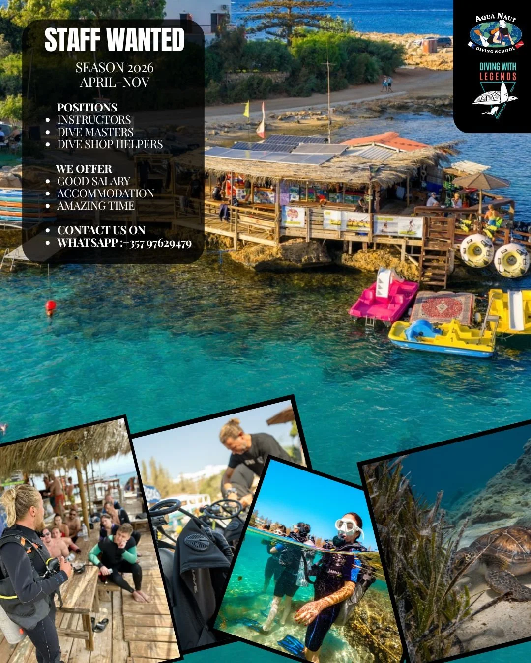 🌊 **STAFF WANTED &ndash; SEASON 2026 (April&ndash;November) | Protaras, Cyprus** 🌊
Aquanaut Diving School is building the crew for next season and we&rsquo;re looking for **legendary people** to join us at Green Bay!

✅ **Open positions**

* **Dive