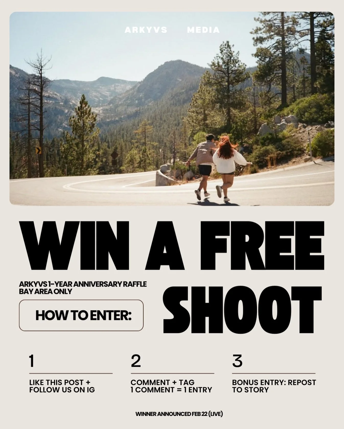 Bay Area creators + business owners 🎉

We&rsquo;re running a raffle and giving away a FREE 2&ndash;3 hour branding shoot with ARKYVS (photo, video, or both).

Runner-ups (2nd&ndash;5th) will unlock private anniversary access packages that are not pu