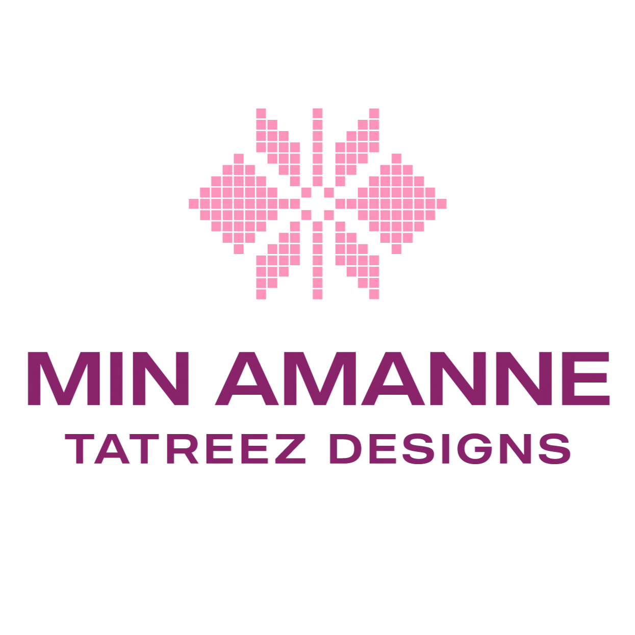 Pixel art pink butterfly with the text 'MIN AMANNE TATREZ DESIGNS' written below in purple.