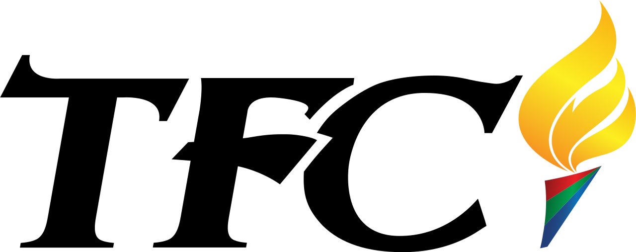 Colorful logo with stylized flame and geometric shapes