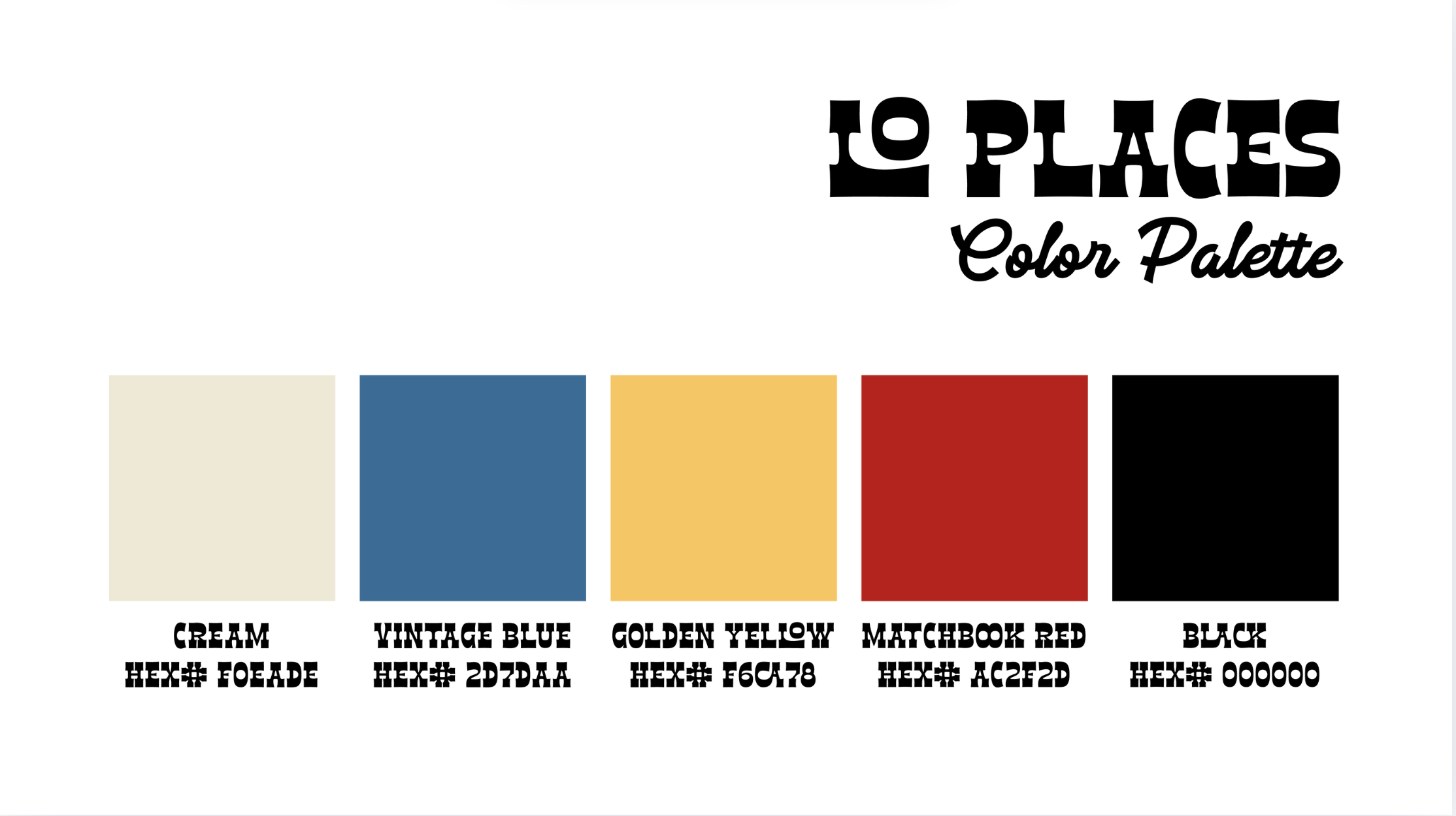 Image showing five color swatches labeled Cream, Vintage Blue, Golden Yellow, Matchbook Red, and Black, with their respective hex codes.