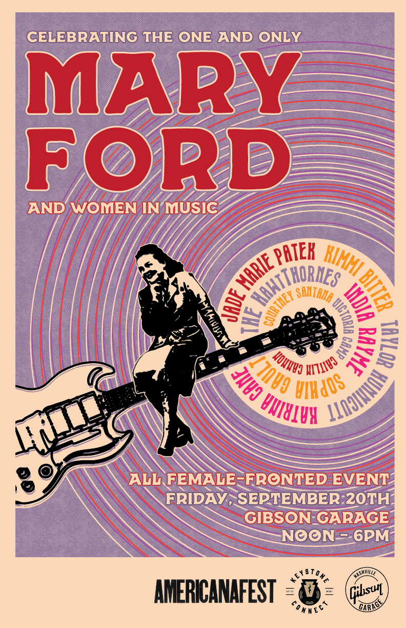 A poster for an event celebrating Mary Ford and women in music, featuring a black and white illustrated woman with long hair playing a guitar, surrounded by colorful text with event details, including date, time, and location.