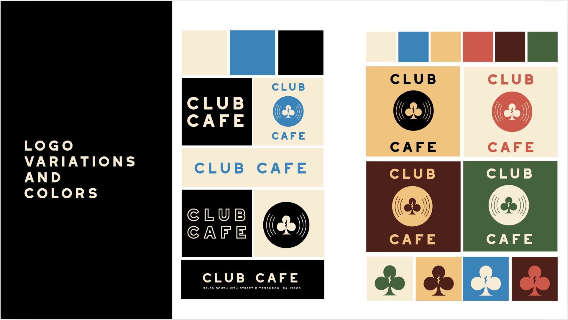 Several variations of a logo for 'Club Cafe' in different colors and styles. The logos include text and a circular emblem with a club suit symbol and sound wave lines, shown on various colored backgrounds.