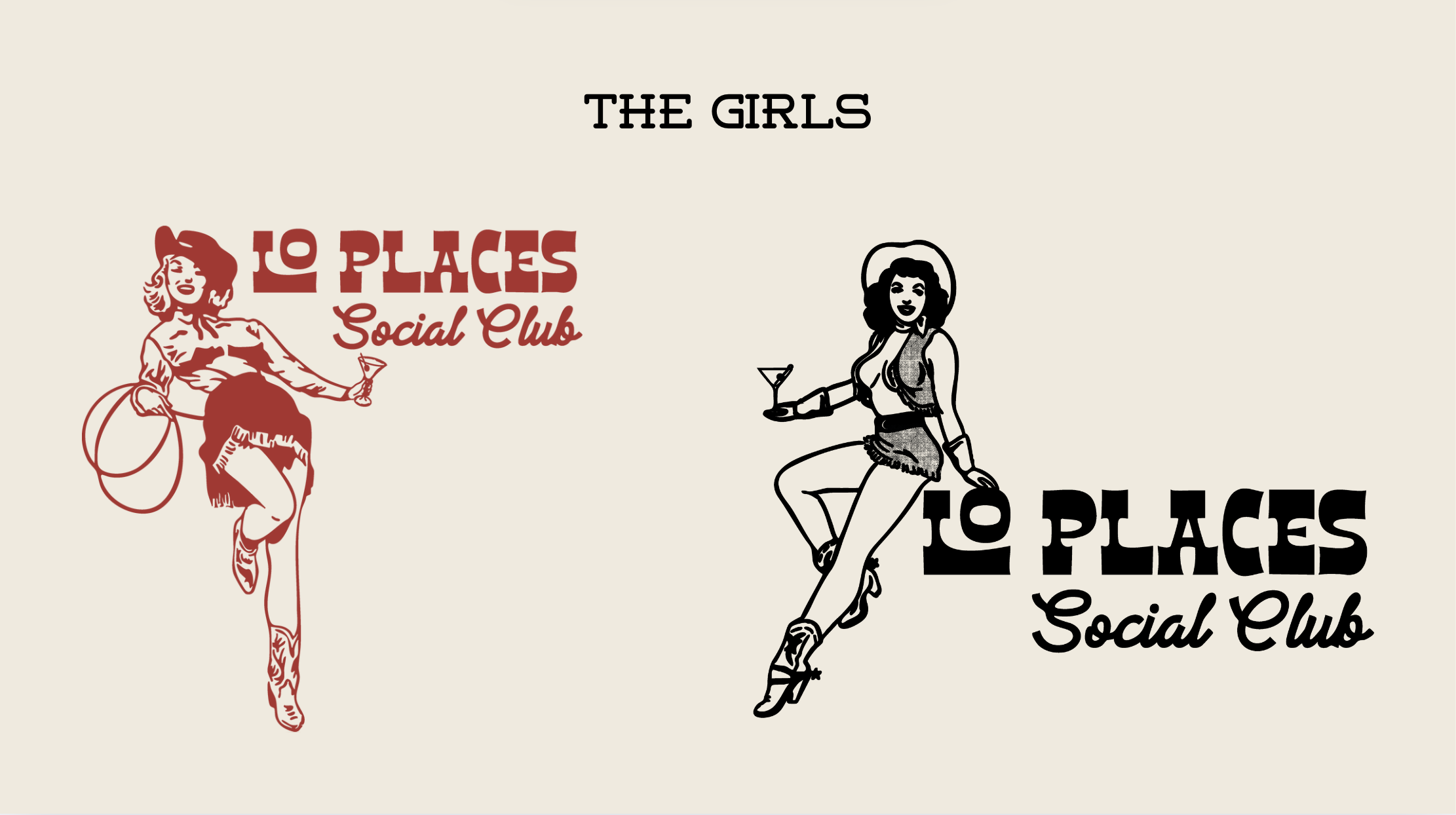 Two retro-style illustrations of women holding drinks, with text reading " PLACES Social Club." The woman on the left is in red, wearing a cowboy hat, boots, and fringed skirt, holding a cocktail and a lasso. The woman on the right is in black, wearing a hat, short shorts, and roller skates, holding a cocktail.
