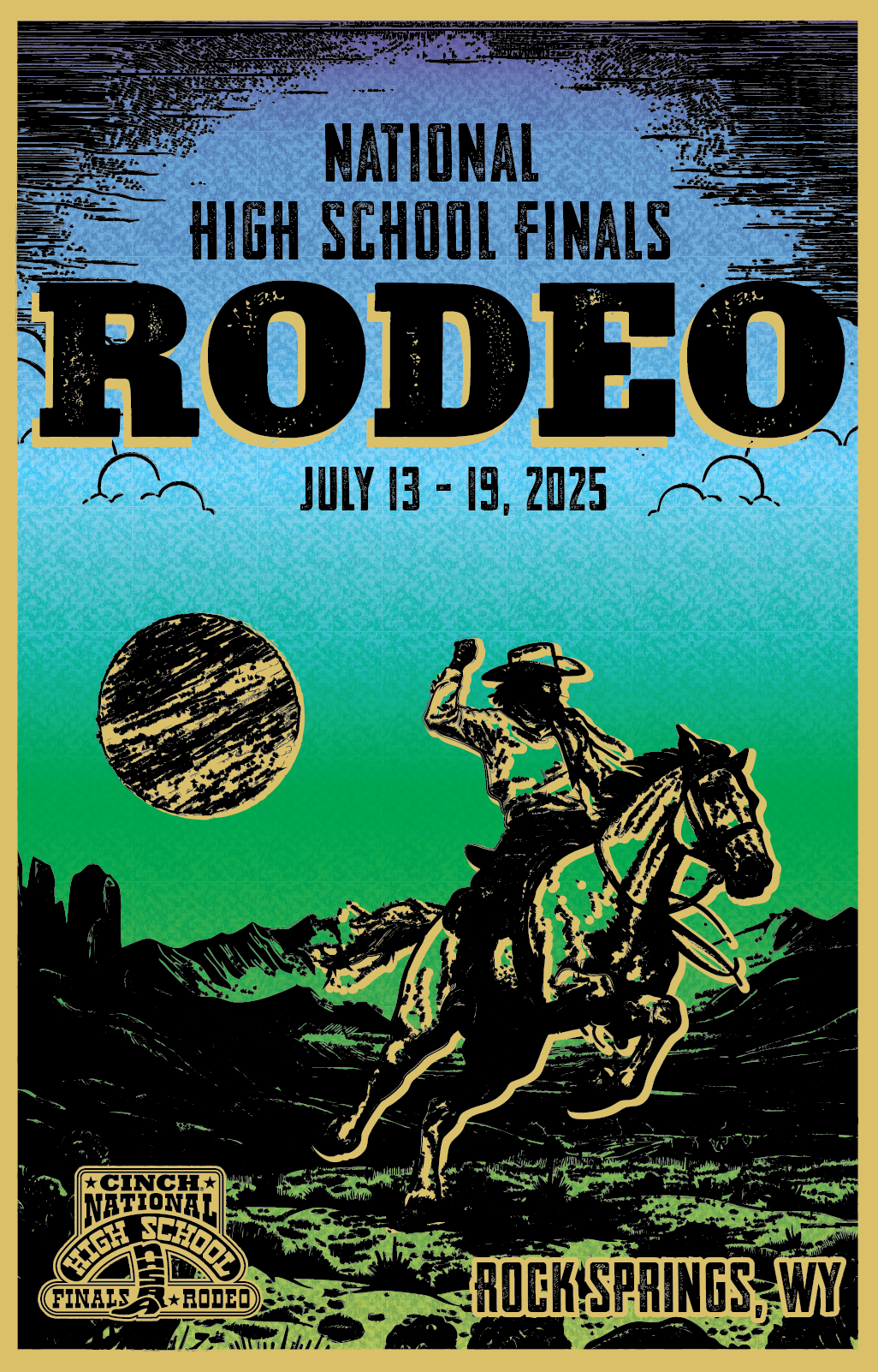 A poster for the National High School Finals Rodeo, taking place from July 13 to 19, 2025, in Rock Springs, Wyoming. The poster features a cowboy riding a bucking horse in a western landscape with mountains and a large setting sun.