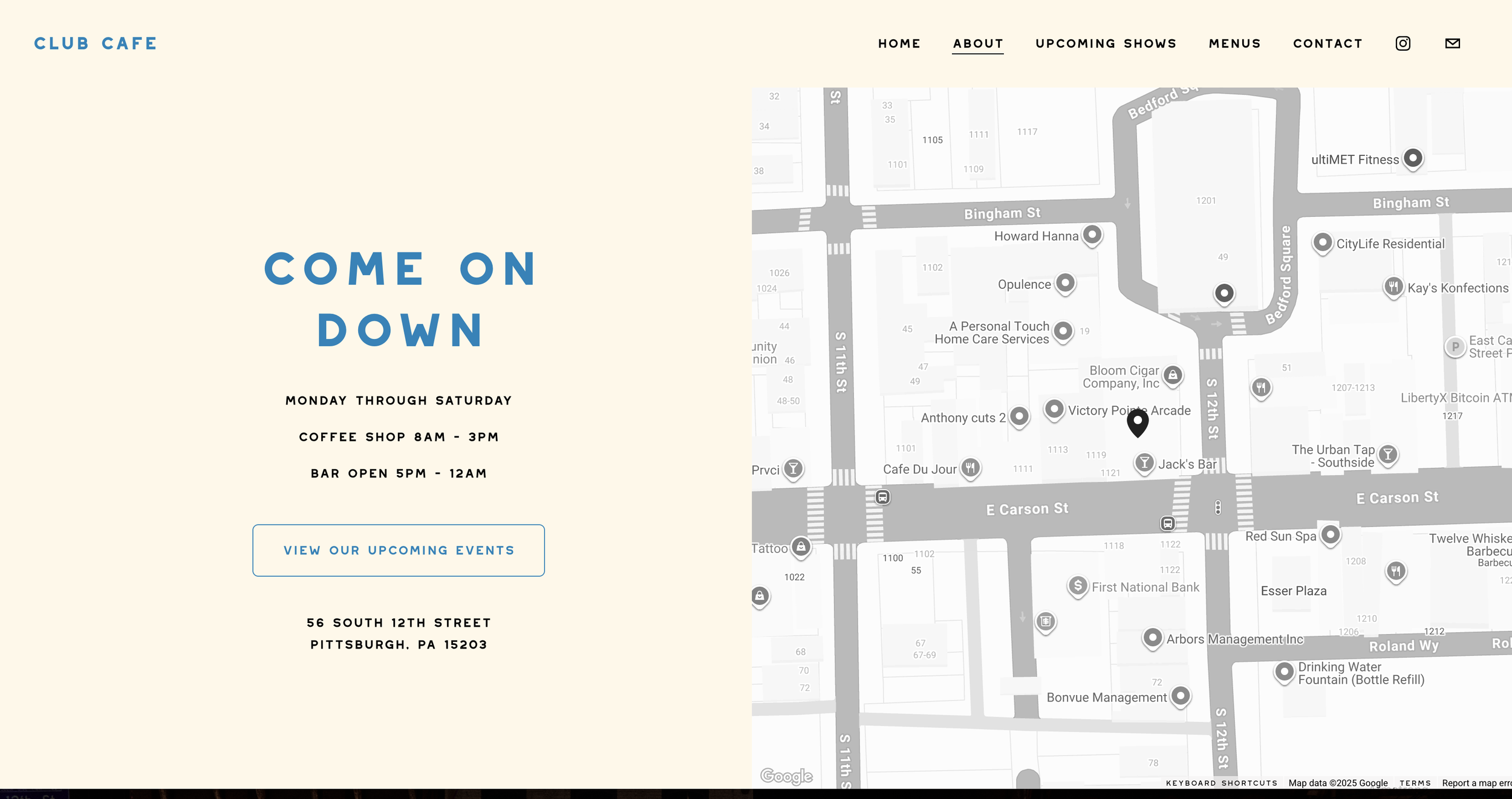 Website homepage for a club cafe featuring a beige background on the left with blue and black text providing hours and location details. The right side shows a map with business locations marked around the intersection of S 11th St, S 12th St, and E Carson St in Pittsburgh, PA.