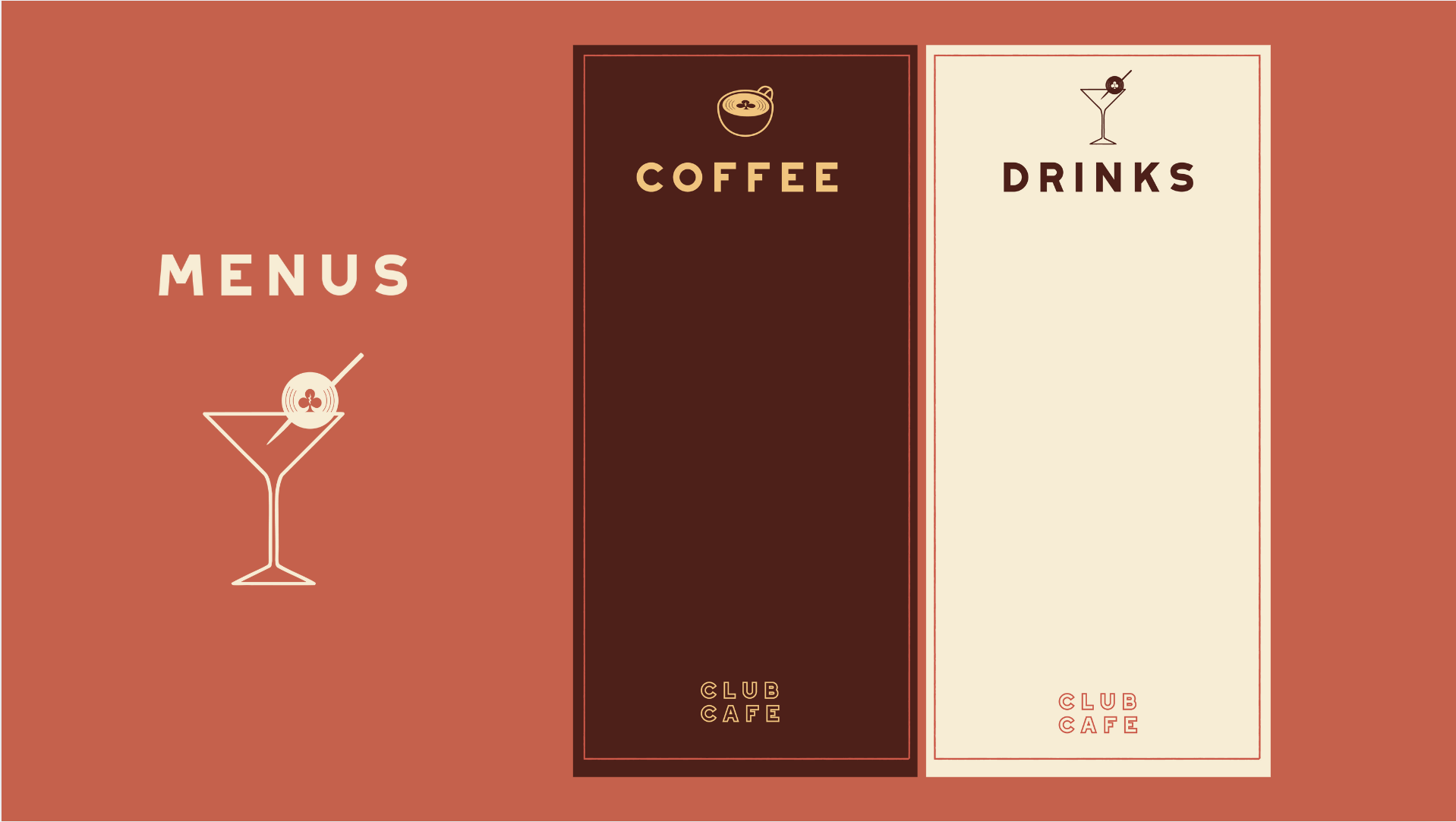 Menu board with sections for coffee and drinks, a background color of terracotta, and simple illustrations of a cocktail glass and a martini glass with olives.