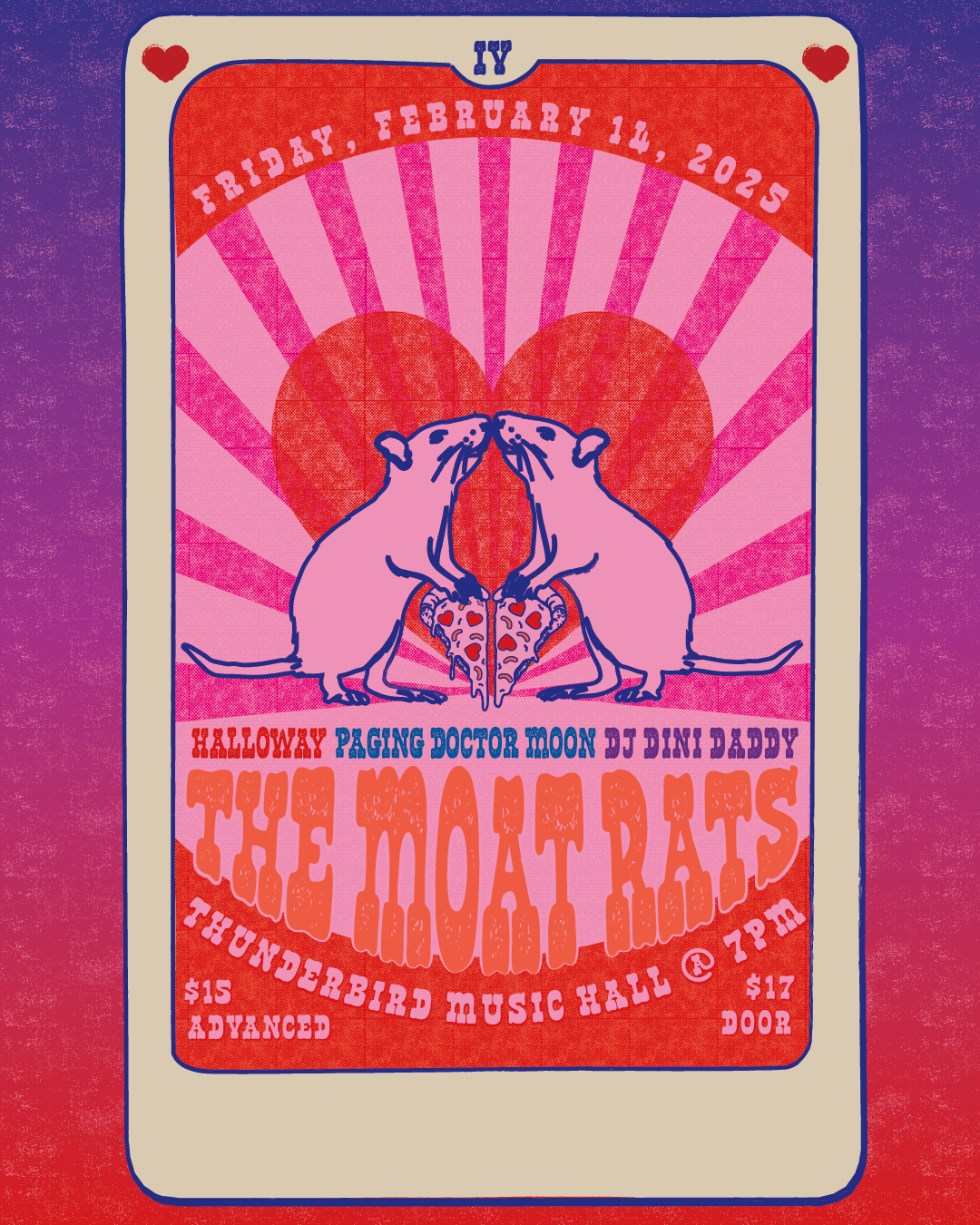 A colorful poster for a Halloween music event featuring The Mo- Rats, held on February 14, 2025, at Thunderbird Music Hall with advanced tickets costing $15 and $17 at the door. The poster has two rats holding a slice of pizza, with a red heart and pink rays in the background.