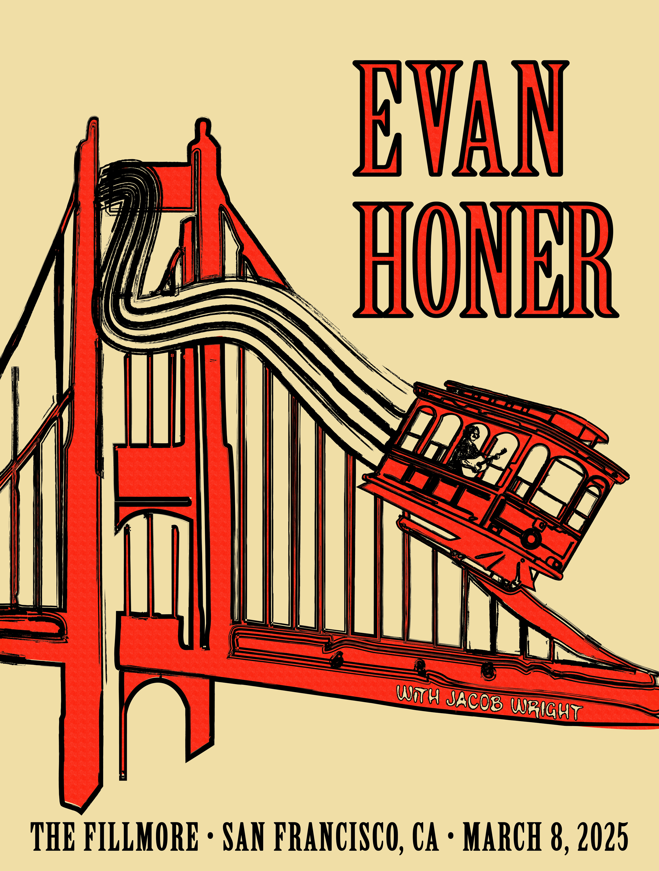 Illustration of a red cable car on the Golden Gate Bridge with the title 'Evan Honer' and text mentioning a performance with Jacob Wright at the Fillmore in San Francisco on March 8, 2025.