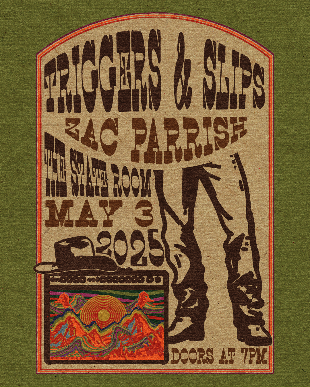 A poster for a concert featuring Travis Fiers & Shifs at Zac Parise, with a psychedelic mountain scene and the date May 3, 2025. Doors open at 7 PM.
