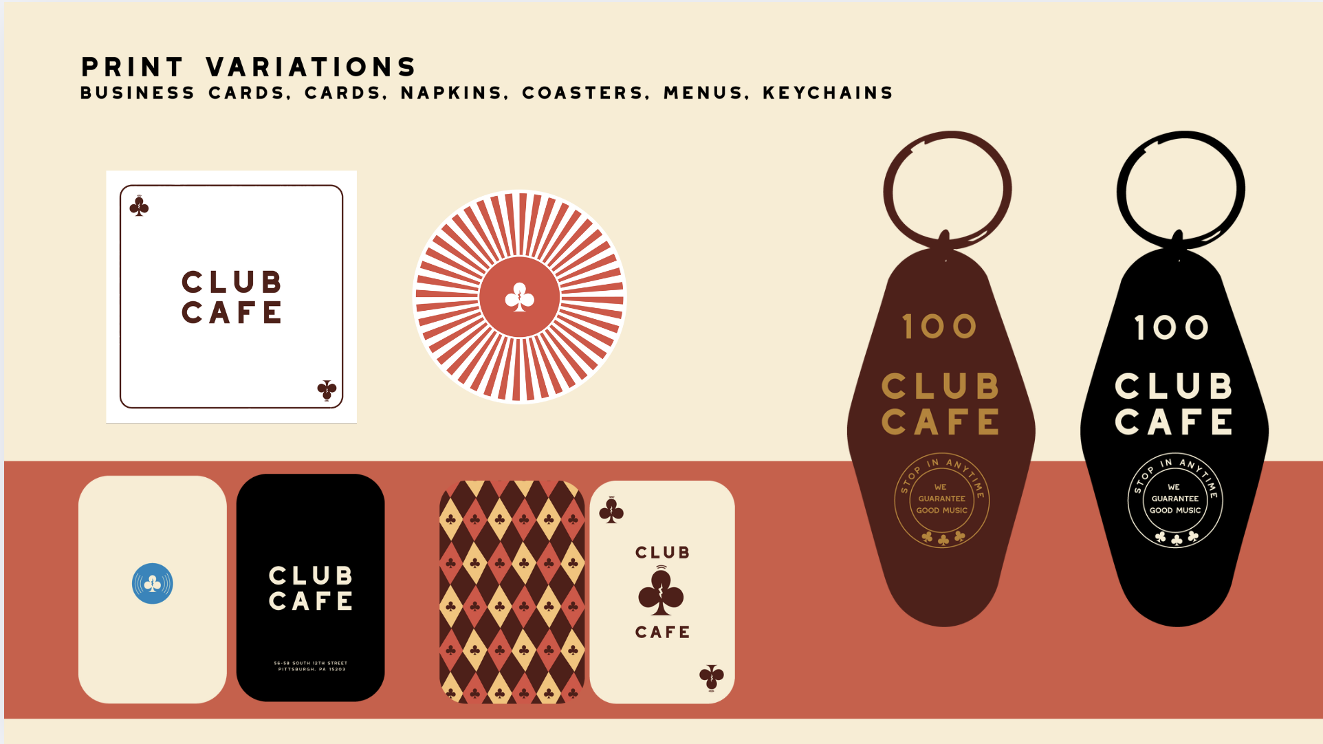 A collection of print design variations for a brand called 'Club Cafe,' including business cards, napkins, coasters, menus, and keychains. The designs feature playing card motifs, with the brand name and various decorative elements in a color palette of black, white, red, brown, and beige.