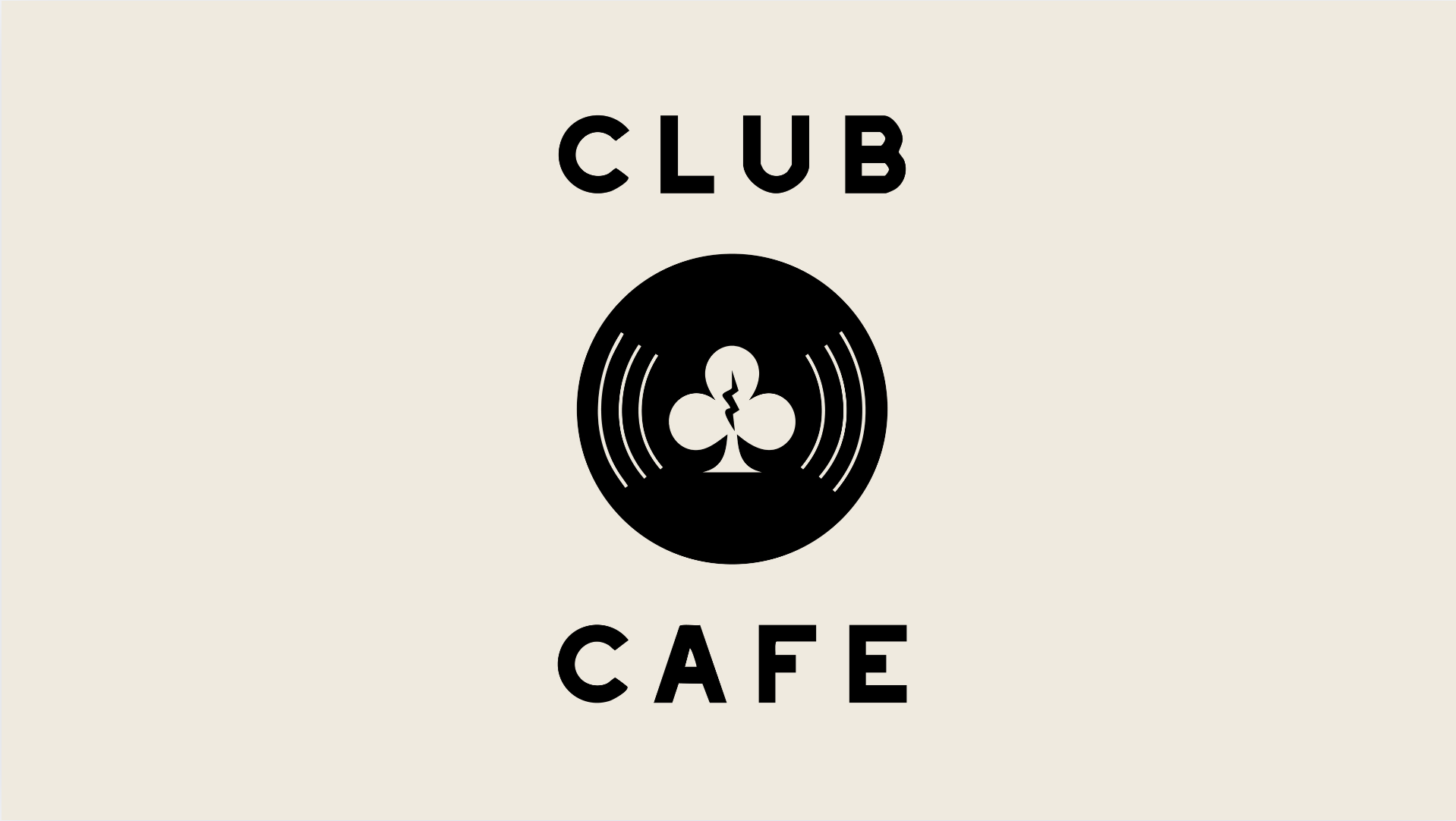 Logo for Club Cafe featuring a black circle with a club suit symbol and sound waves around it, with the words 'CLUB' above and 'CAFE' below in bold black text on a light background.