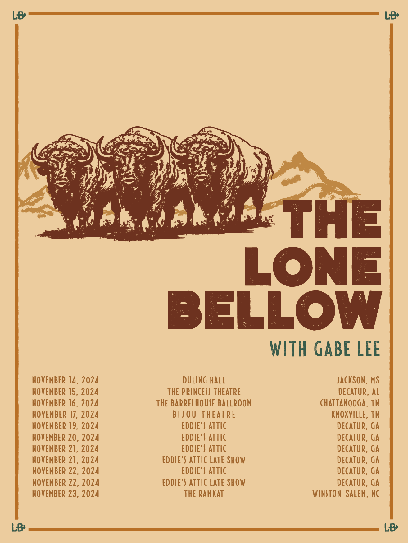 A poster for a series of events called 'The Lone Bellow with Gabe Lee'. The poster features an illustration of three buffalo with mountains in the background. The dates, venues, and locations of the events are listed in text below the illustration.