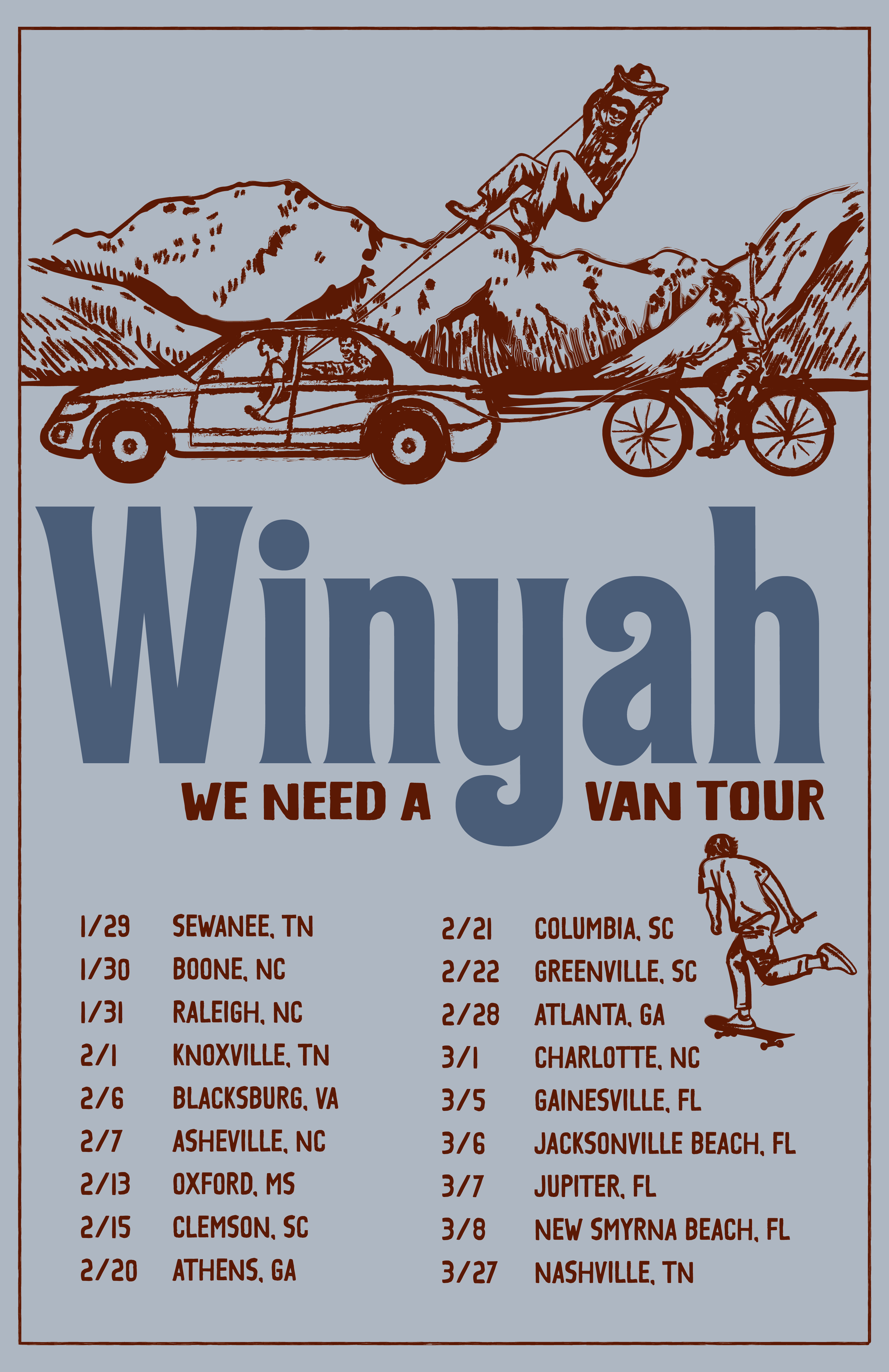 A promotional poster for Winyah's van tour featuring a mountain scene with a car, a person riding a bicycle, and a person being towed by a dog. The poster lists tour dates and locations across various cities in the southeastern United States.