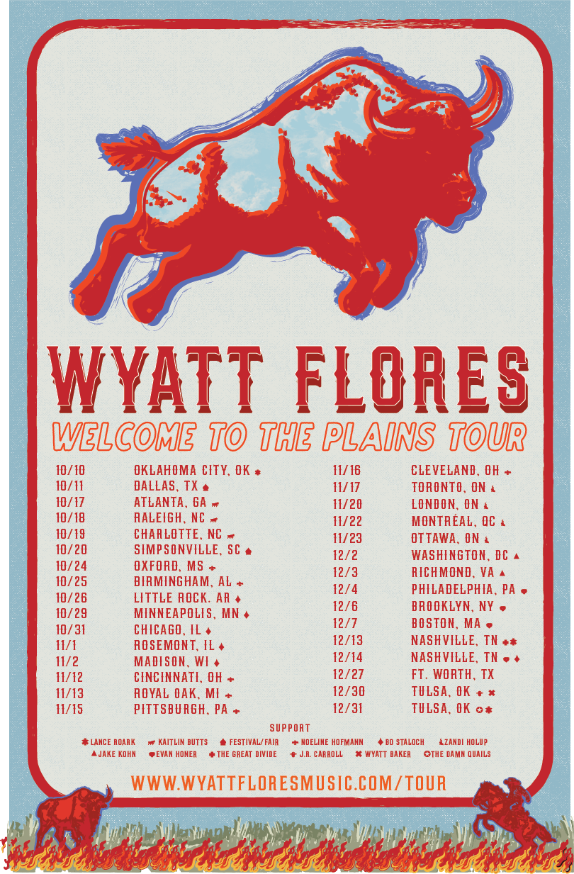 Tour poster for Wyatt Flores' Welcome to the Plains Tour featuring the name and tour dates across various cities in the United States and Canada, with illustrations of a red buffalo and a fiery landscape at the bottom.