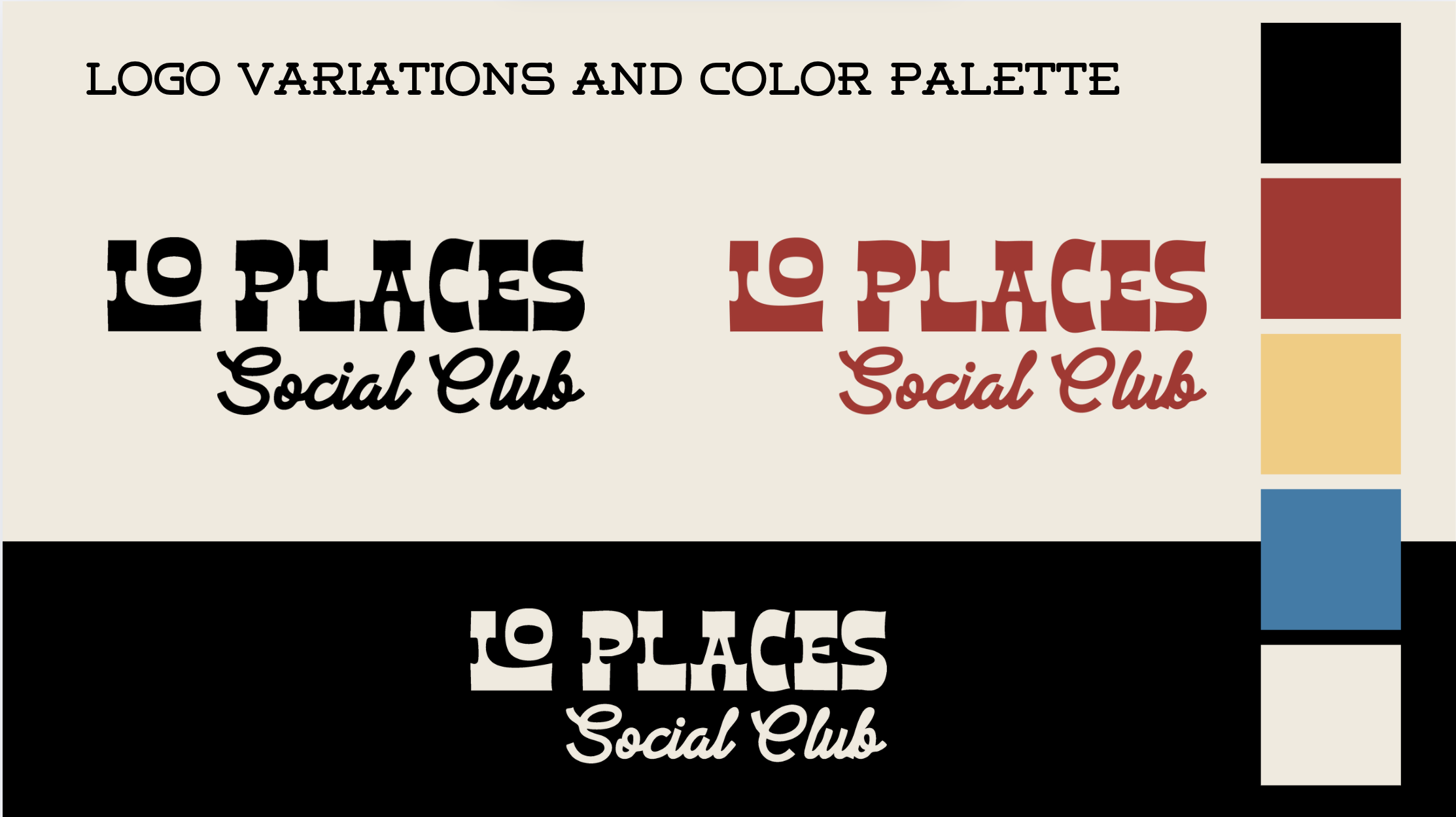 Three variations of a logo for '10 Places Social Club', each with different color schemes and styles, accompanied by a color palette on the right side with black, red, yellow, blue, and cream colors, on a beige background