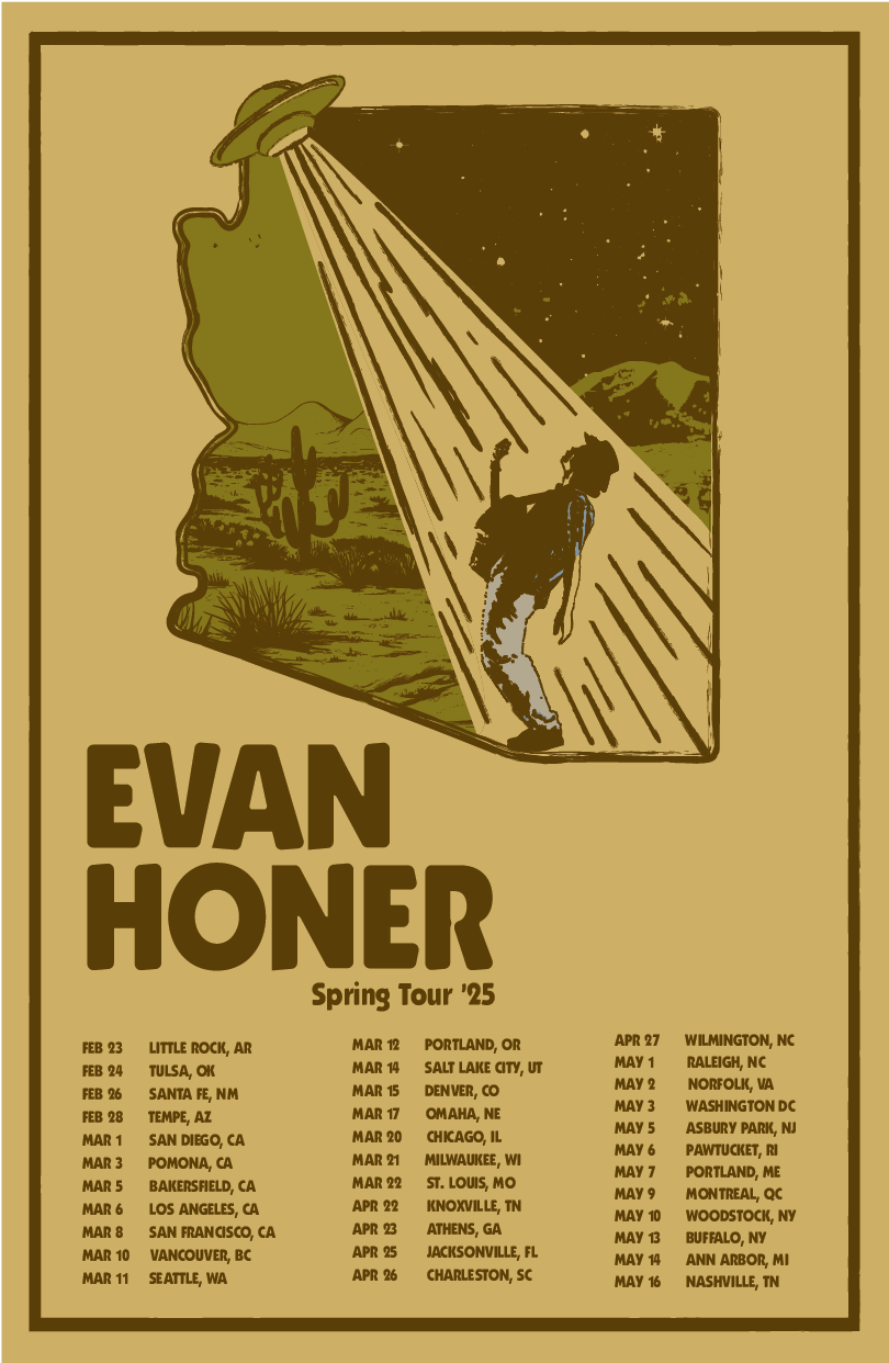A stylized poster for Evan Honer's Spring Tour 2025, featuring a desert landscape with cacti and mountains, and an illustration of a person in a space-themed scene with a large UFO.