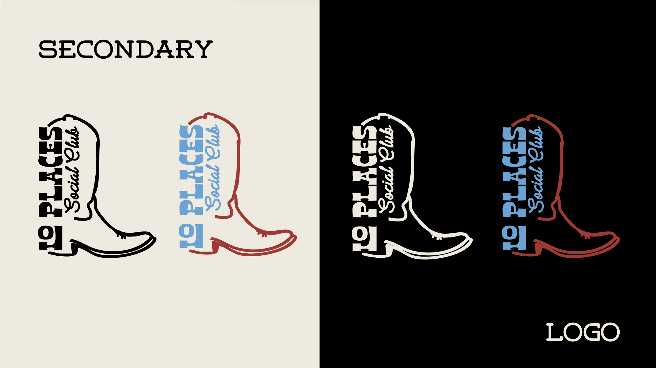 Comparison of two logos for 'Big Places Social Club,' with one on a light background and the other on a dark background. Each logo features a cowboy boot outline with the text 'Big Places' in bold, black or white, and 'Social Club' in a smaller, cursive font inside the boot outline, with color variations.