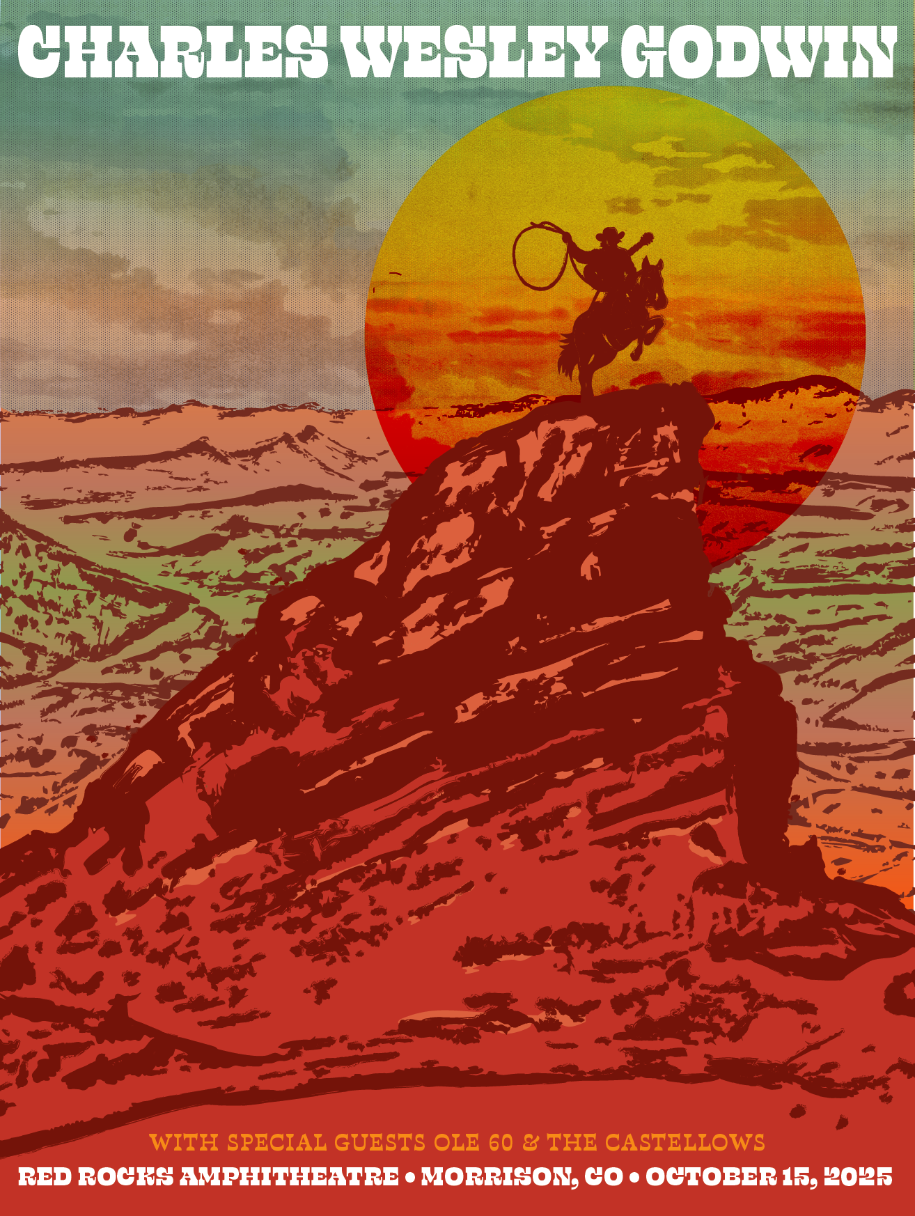 Concert poster for Charles Wesley Godwin, featuring a silhouette of a cowboy on a bucking horse on a rock formation at sunset or sunrise.