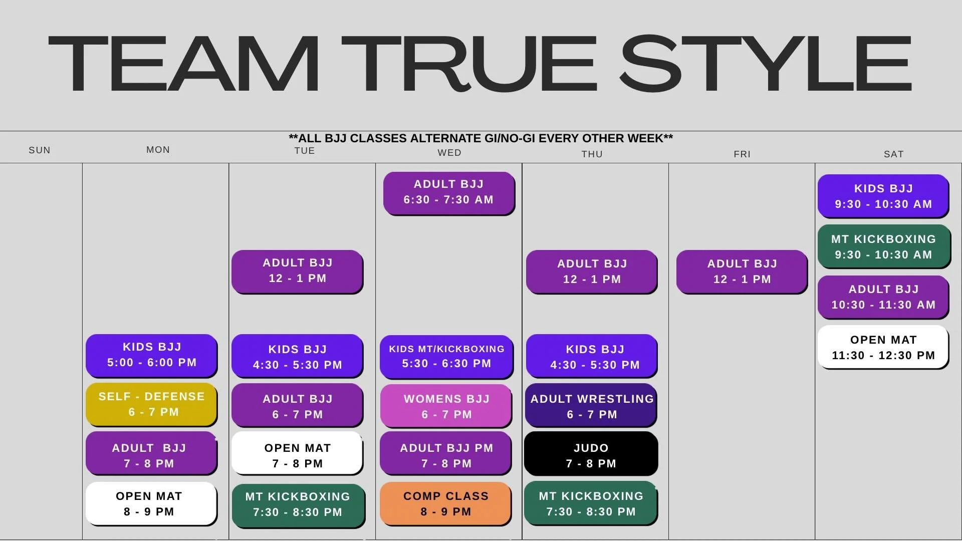 🔥TEAM TRUE STYLE SUMMER SCHEDULE 🔥

We have some exciting new schedule updates starting Monday, June 1!

🟣 SELF-DEFENSE class will be moving from Fridays at 11 AM to MONDAYS AT 6 PM before 7 pm Jiu-Jitsu! This class is a FREE class always and open