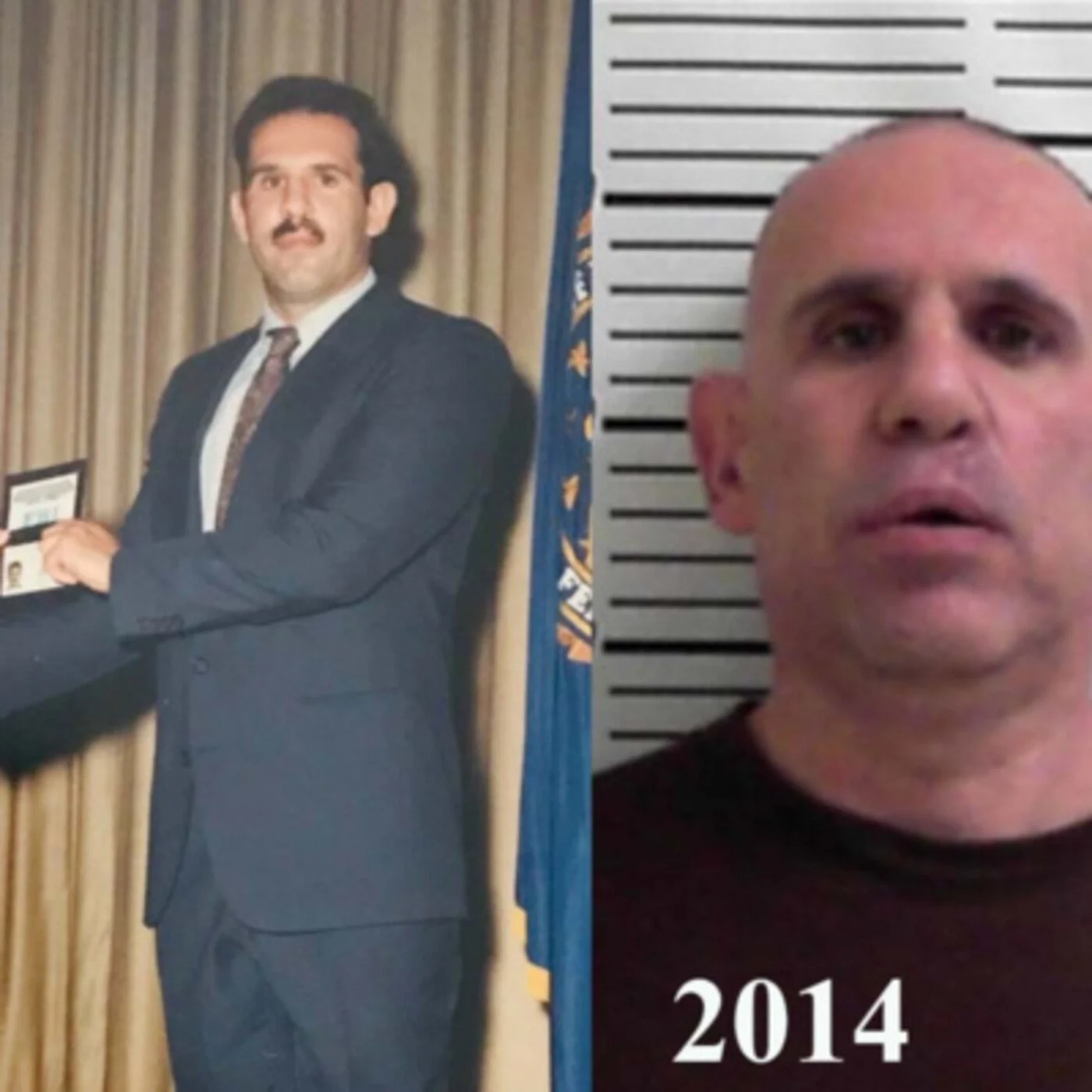 A side-by-side comparison of a man at a police lineup in 2014, showing his mugshot on the right and a photograph of him dressed in a suit holding an award on the left.