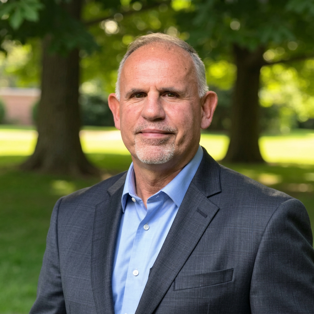 A photo of Bob Lustyik in a blue dress shirt and gray suit jacket standing outdoors in a park with green trees in the background.