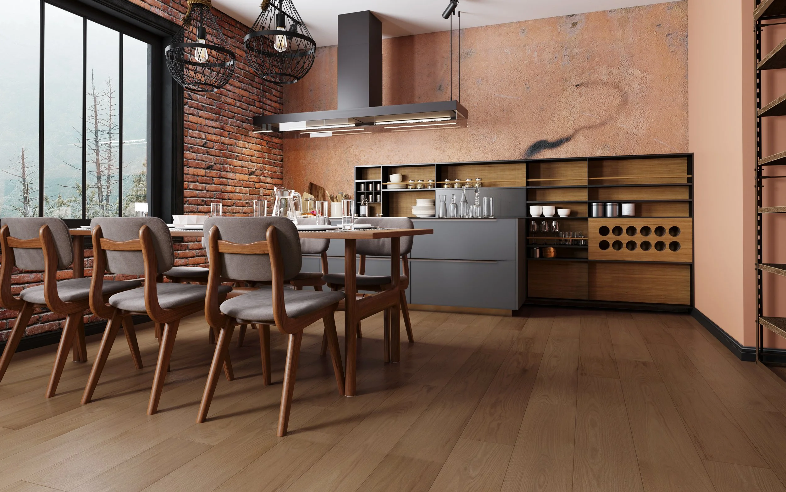 Modern dining room with wooden table, beige cushioned chairs, brick wall, large window showing trees, and a modern kitchen with gray and wooden cabinetry.