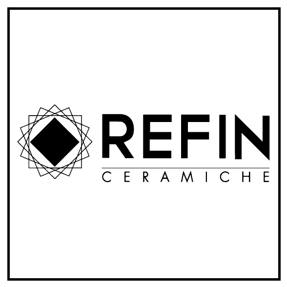 Logo for Refin Ceramique featuring a geometric design with a diamond shape and the words 'Refin Ceramique' in bold black font.