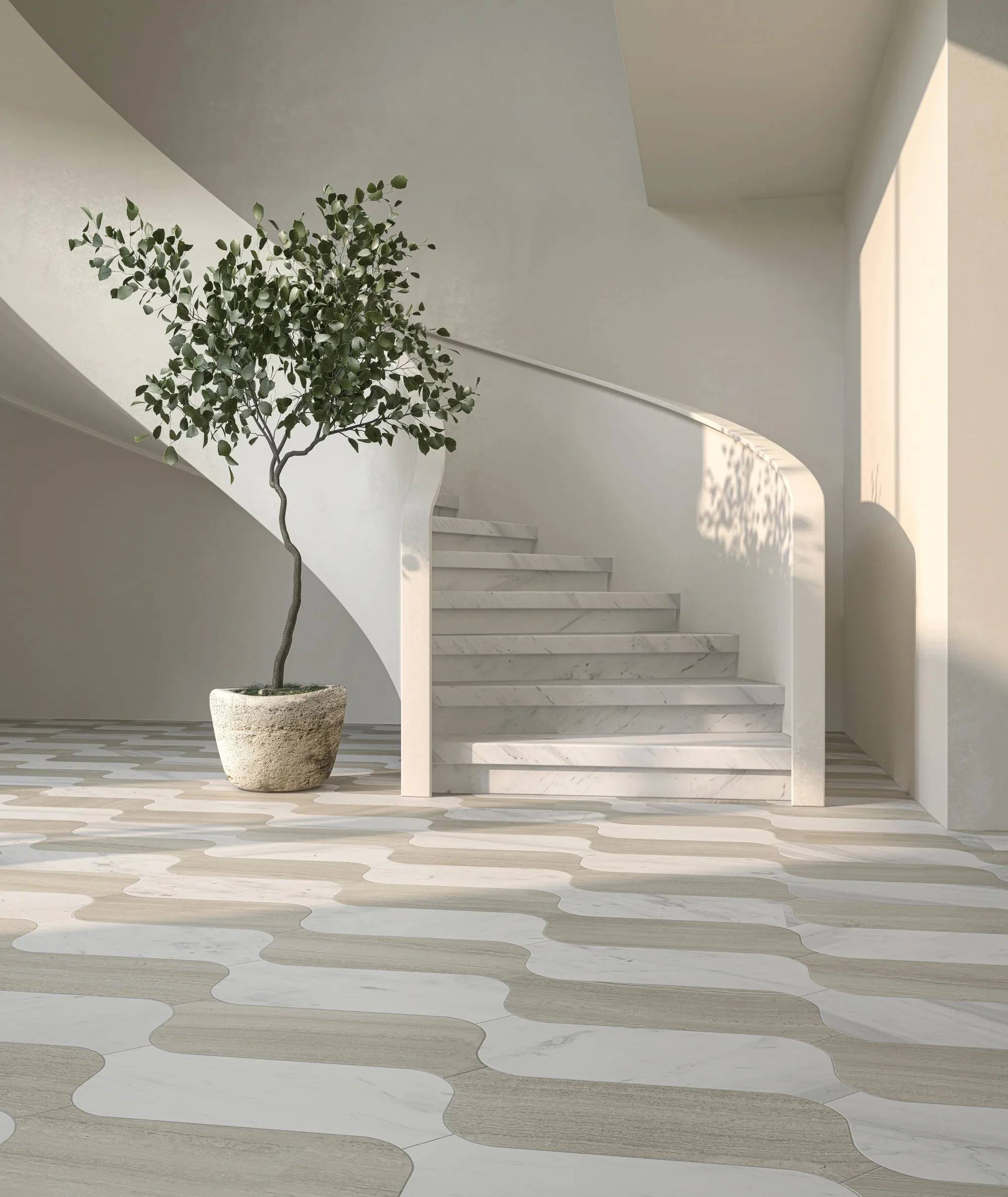 Minimalist interior space with a modern curved staircase, a large potted plant with green leaves, and patterned wooden and marble flooring.